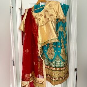 Gold and Teal Embroidered Lehenga with Red Dupatta